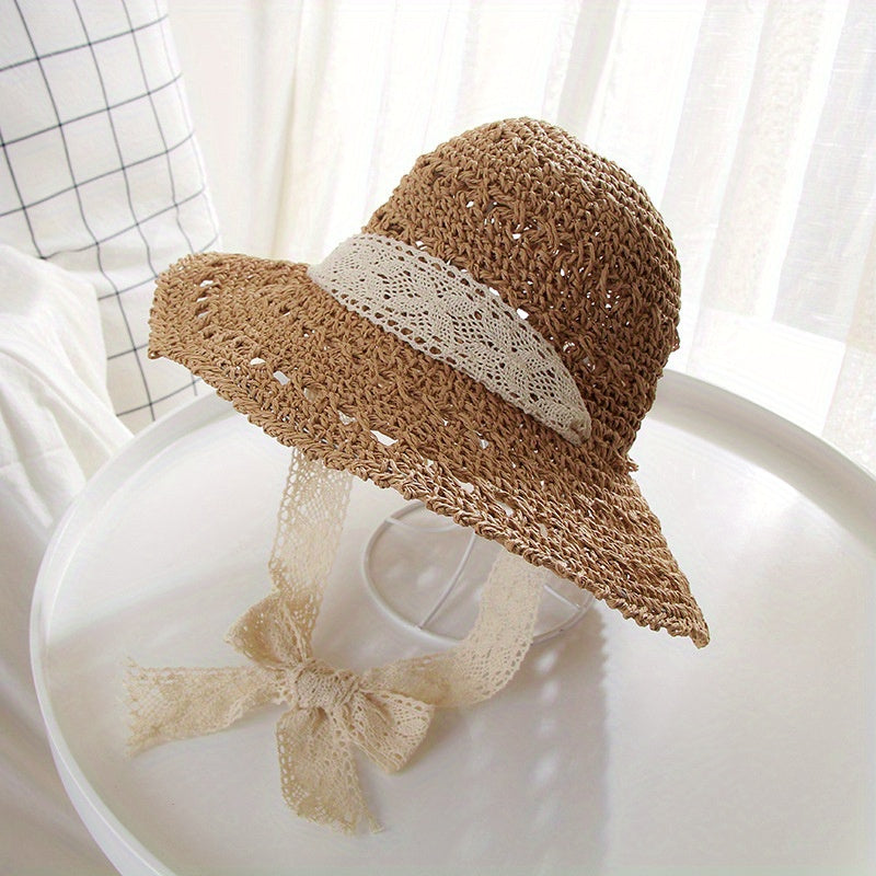 Hollow Crochet Bucket Hat Lace Ribbon Tie Wide Brim Straw Sun Hat