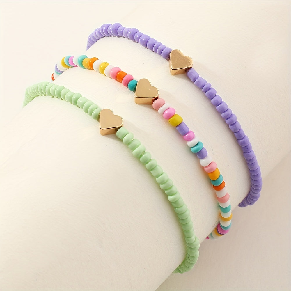 Colorful Beaded Anklet Set With Heart Shape Beads 3pcs
