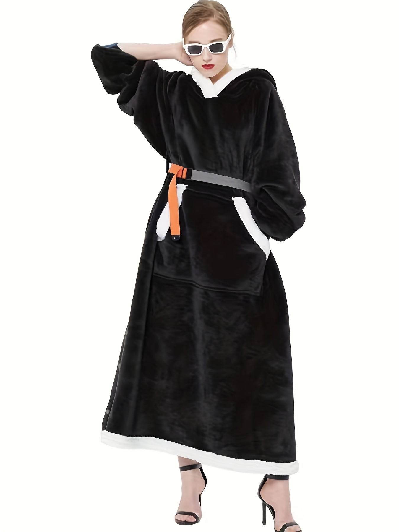 Hooded Fleece Lounge Robe With Pockets & Split