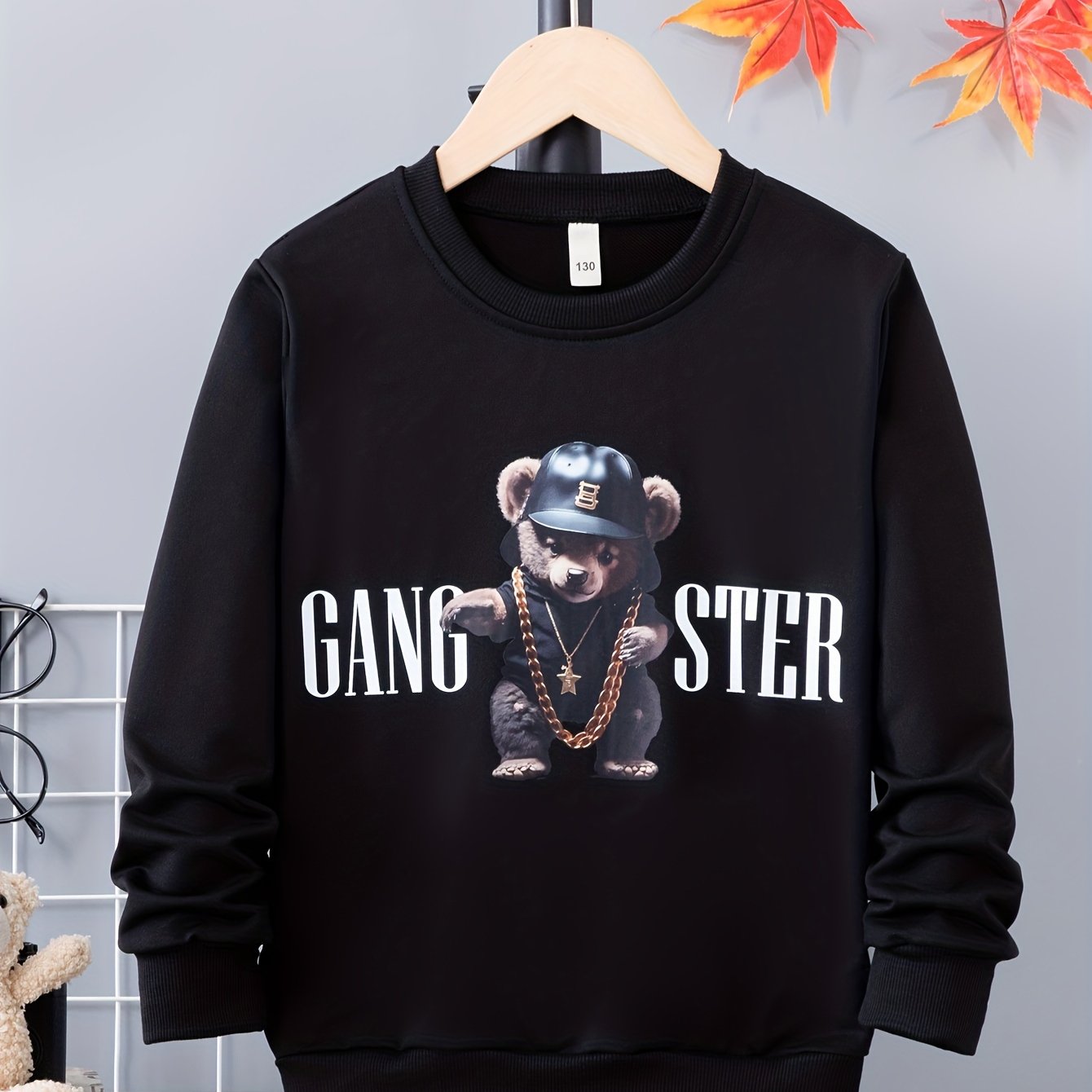 Bear Print Boys Casual Pullover Sweatshirt Long Sleeve Crew Neck Tops