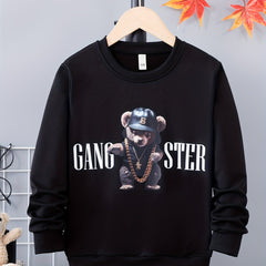 Bear Print Boys Casual Pullover Sweatshirt Long Sleeve Crew Neck Tops