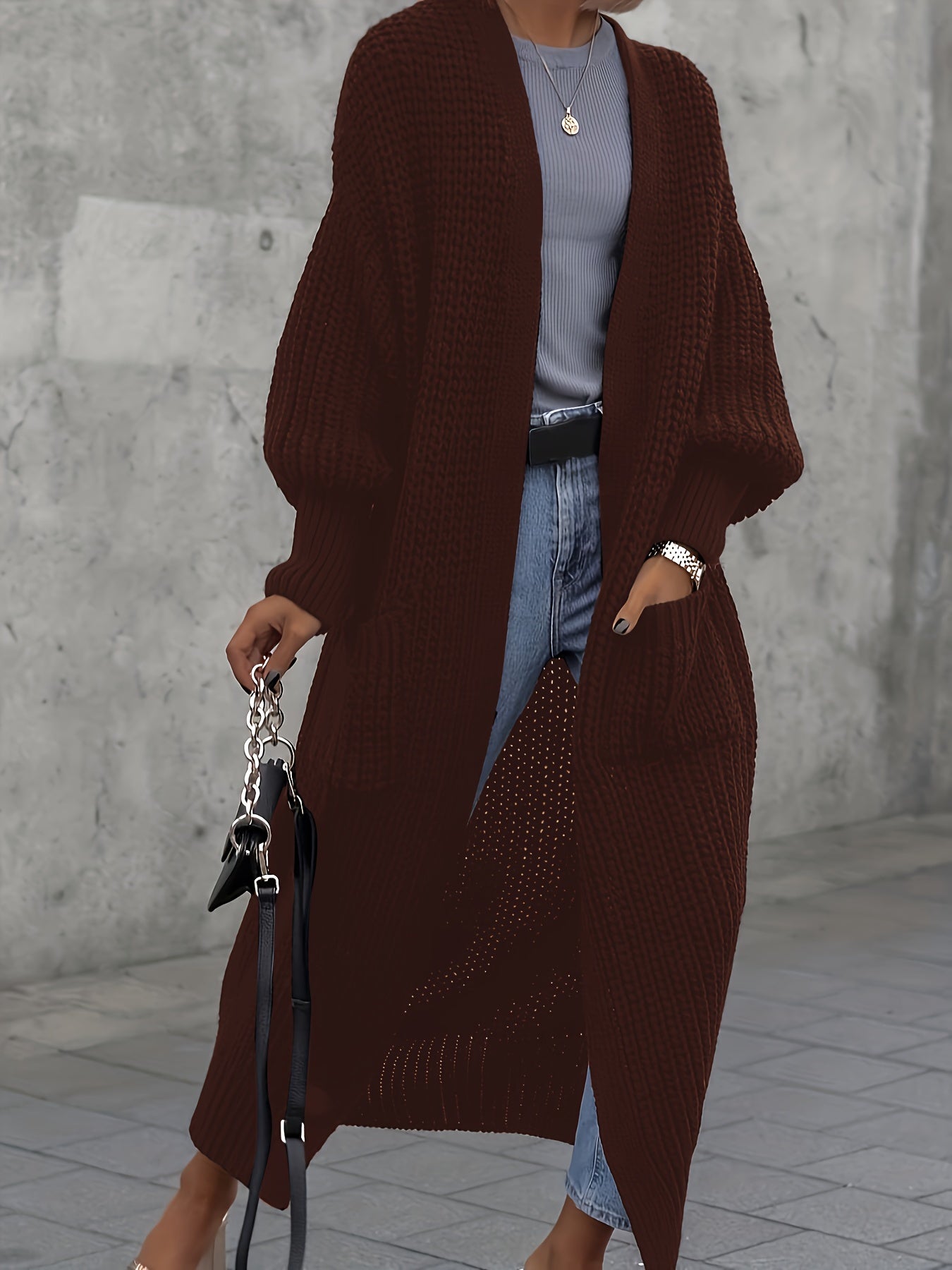 Solid Lantern Sleeve Open Cardigan