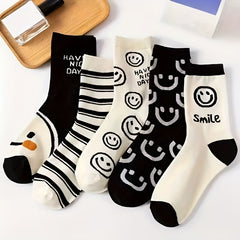 5 Pairs Smile Print Socks Women's Stockings & Hosiery