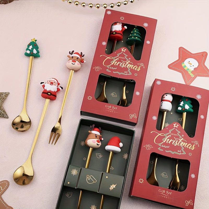 Christmas Coffee Spoon And Fork Set - Tree Santa Claus Stainless Steel