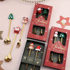Christmas Coffee Spoon And Fork Set - Tree Santa Claus Stainless Steel