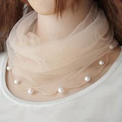 Faux Pearl Ruffle Scarf Gauze Neck Warmer Infinity Loop Scarf