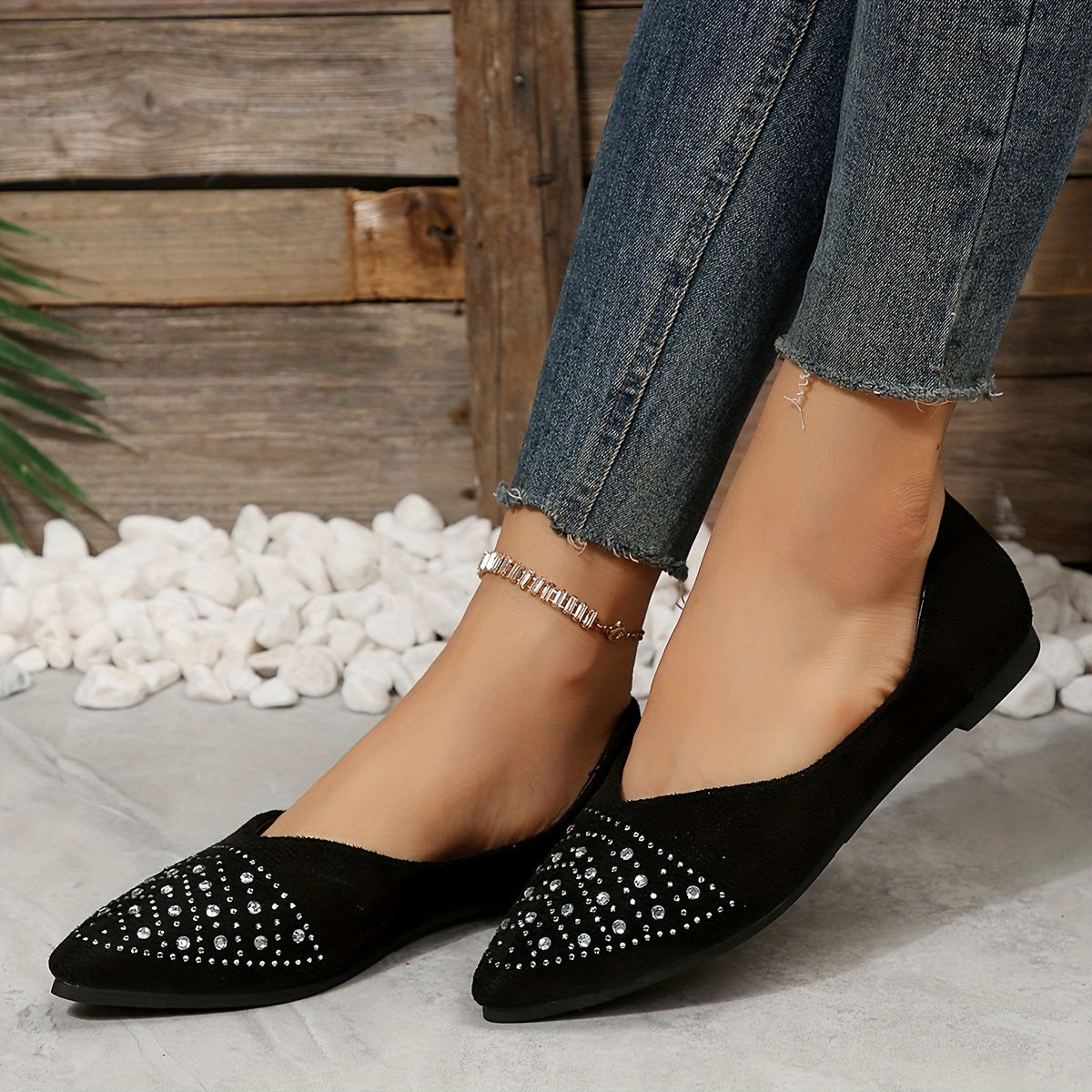 Women's Rhinestone Decor Flat Shoes Point Toe Work Shoes