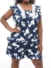 Graphic Print Ruffle Trim Lace Panel Top & Shorts Pajama Set