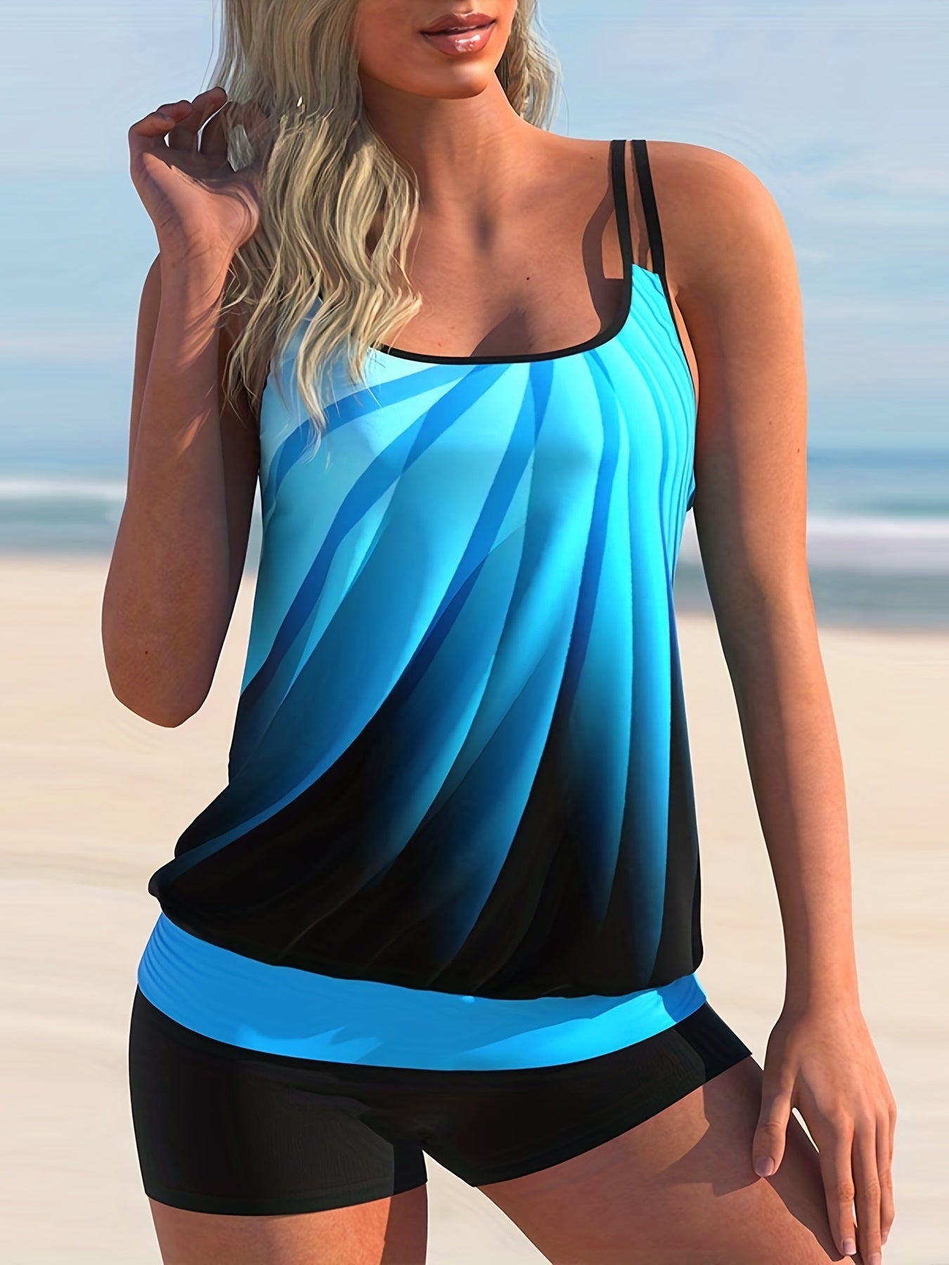 Ombre Tankini Set Crew Neck Split Strap Cami Dress & Shorts Two Piece