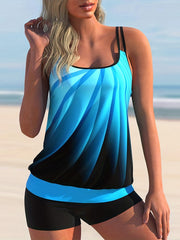 Ombre Tankini Set Crew Neck Split Strap Cami Dress & Shorts Two Piece