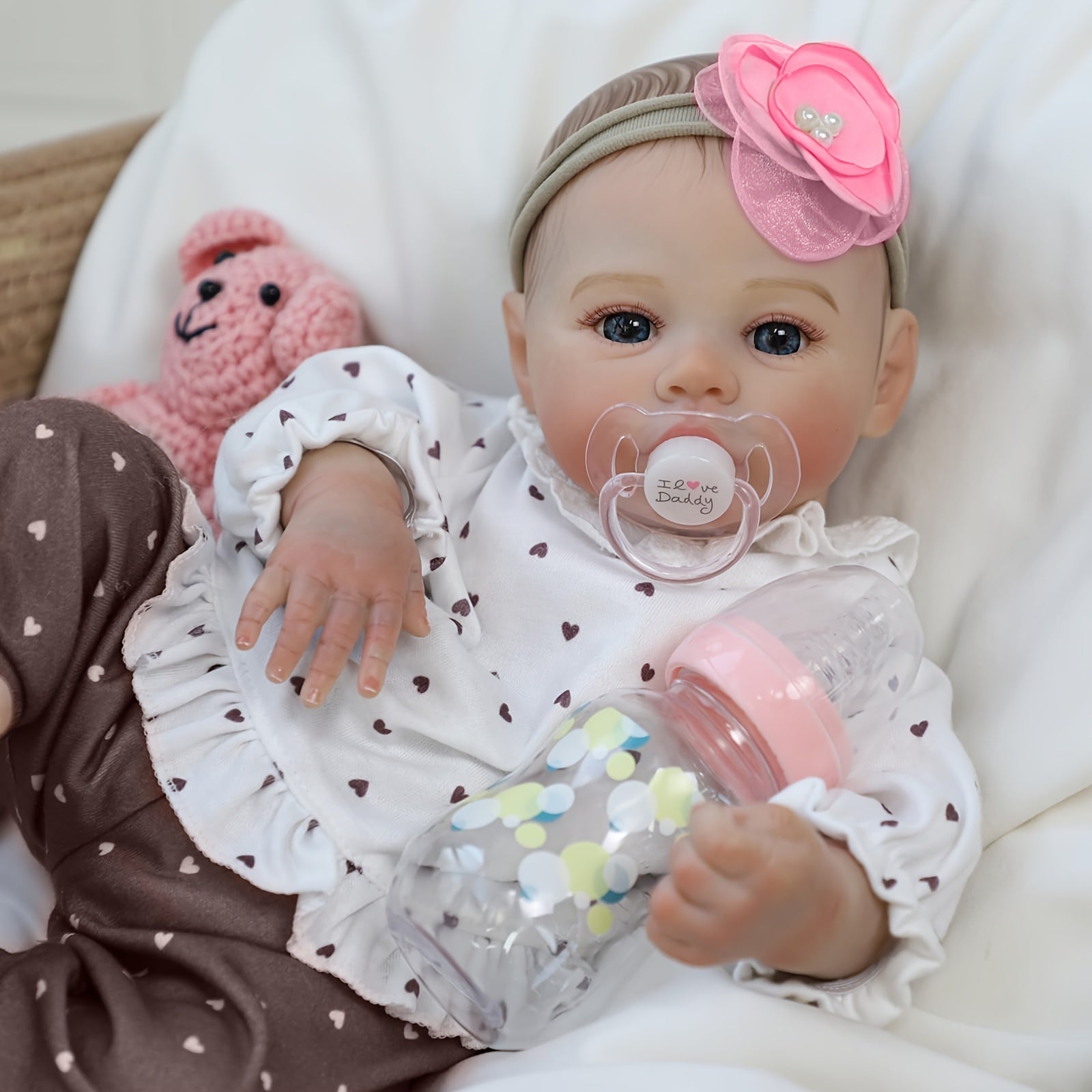 Handcrafted Meadow Anime Doll 45 Reborn Baby Doll in Heart Print Outfit