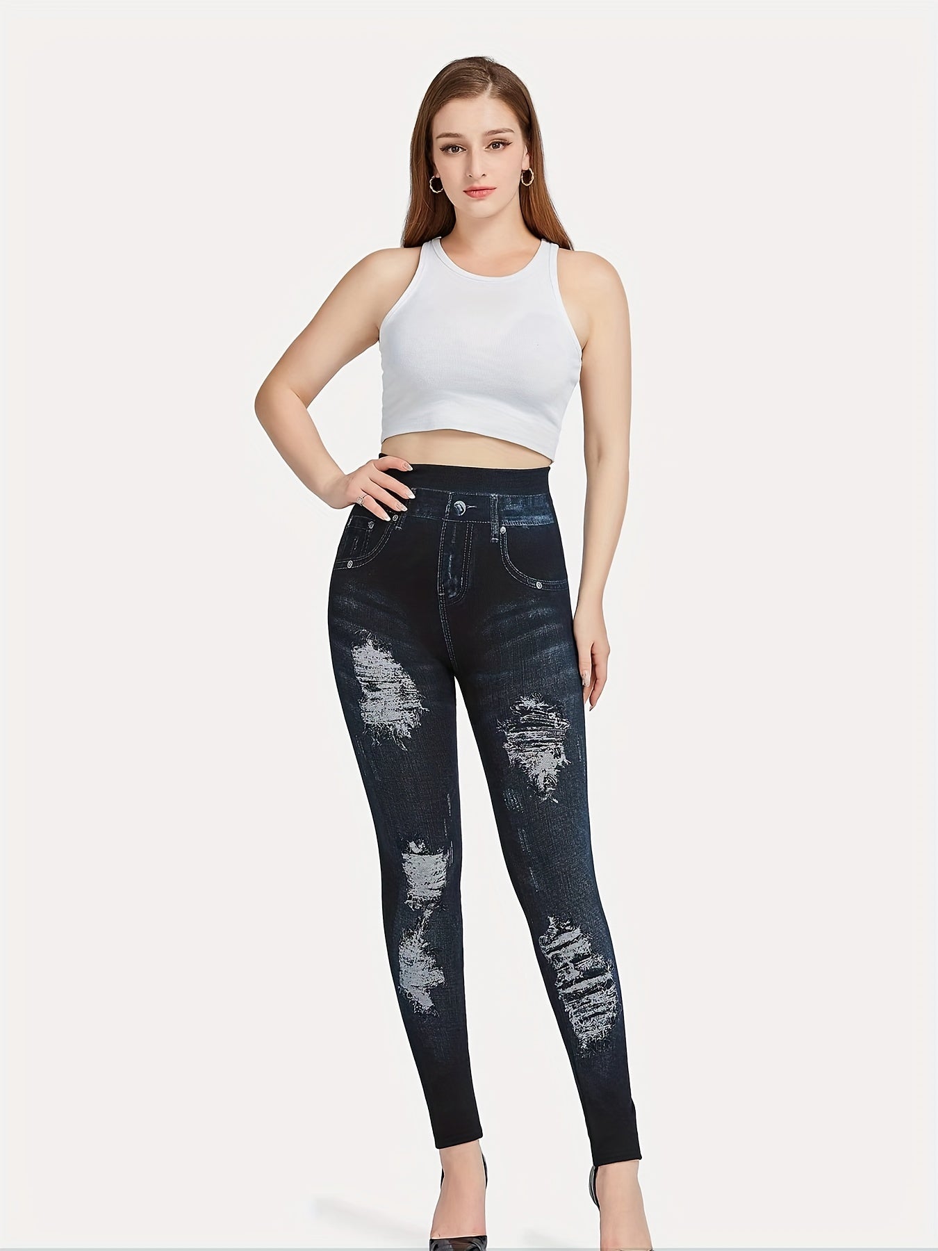 Denim Print High Waisted Leggings Casual Skinny Leggings