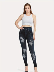 Denim Print High Waisted Leggings Casual Skinny Leggings