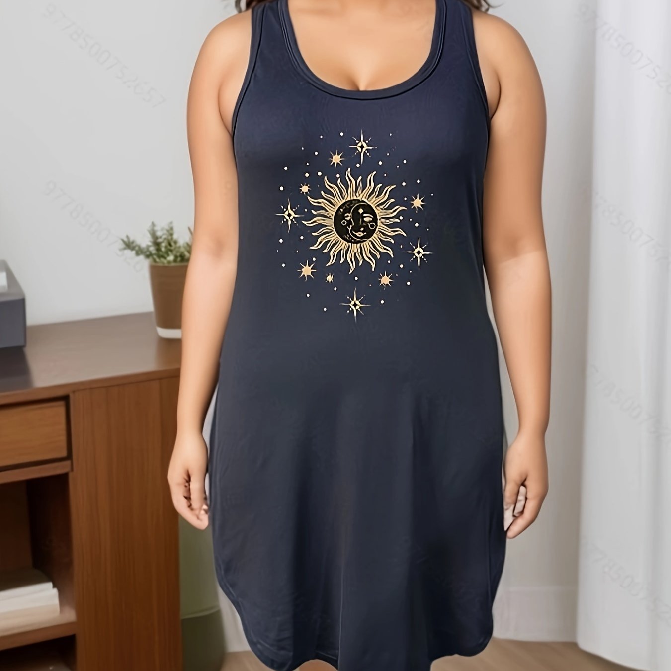 Sun Moon Print Scoop Neck Tank Sleep Dress