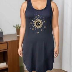 Sun Moon Print Scoop Neck Tank Sleep Dress
