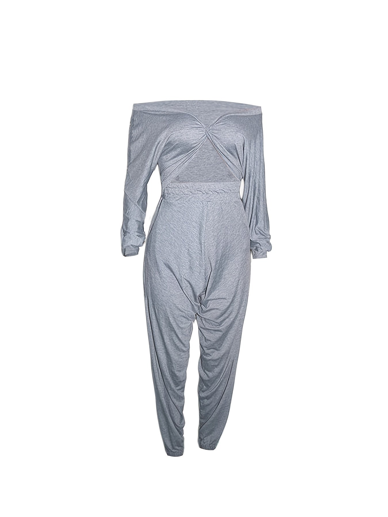 Solid Off Shoulder Crop Top & Pants Set Plus Size