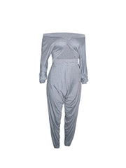 Solid Off Shoulder Crop Top & Pants Set Plus Size