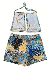 Women's Plus Tropical Print Halter Neck Cami Top & Shorts 2 Piece Set