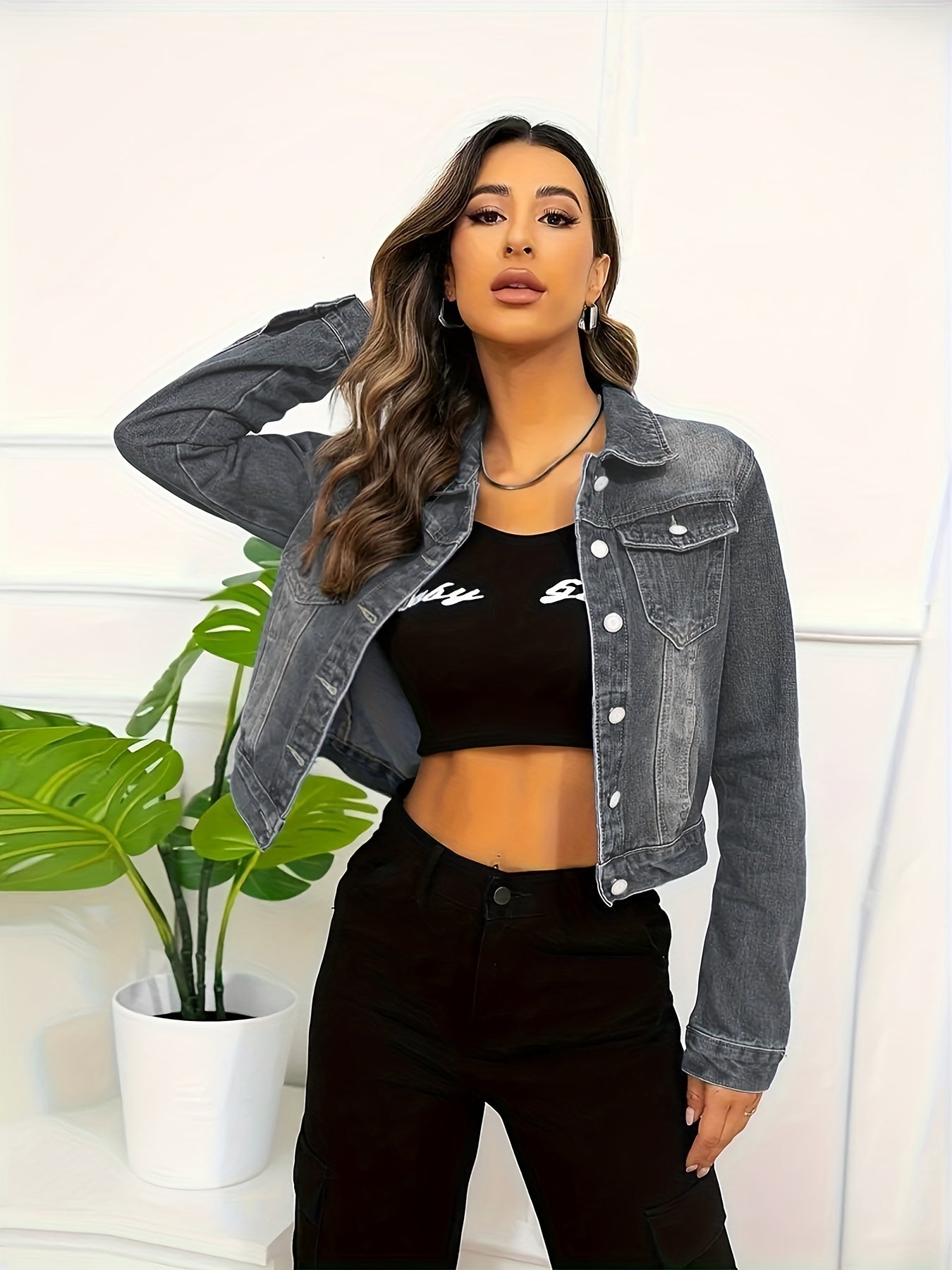 Dark Washed Crop Denim Jacket Long Sleeves
