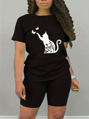 2pcs Butterfly Cat Graphic T shirts & Shorts Women's Activewear