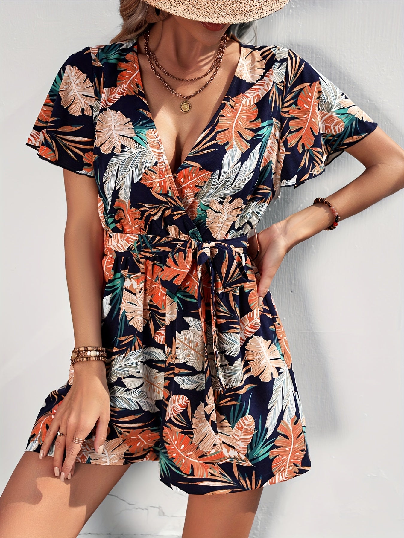 Tropical Print Romper Jumpsuit V neck Flutter Sleeve