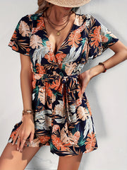 Tropical Print Romper Jumpsuit V neck Flutter Sleeve