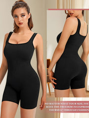 Ribbed Square Neck Sleeveless Romper High Elasticity Jumpsuit