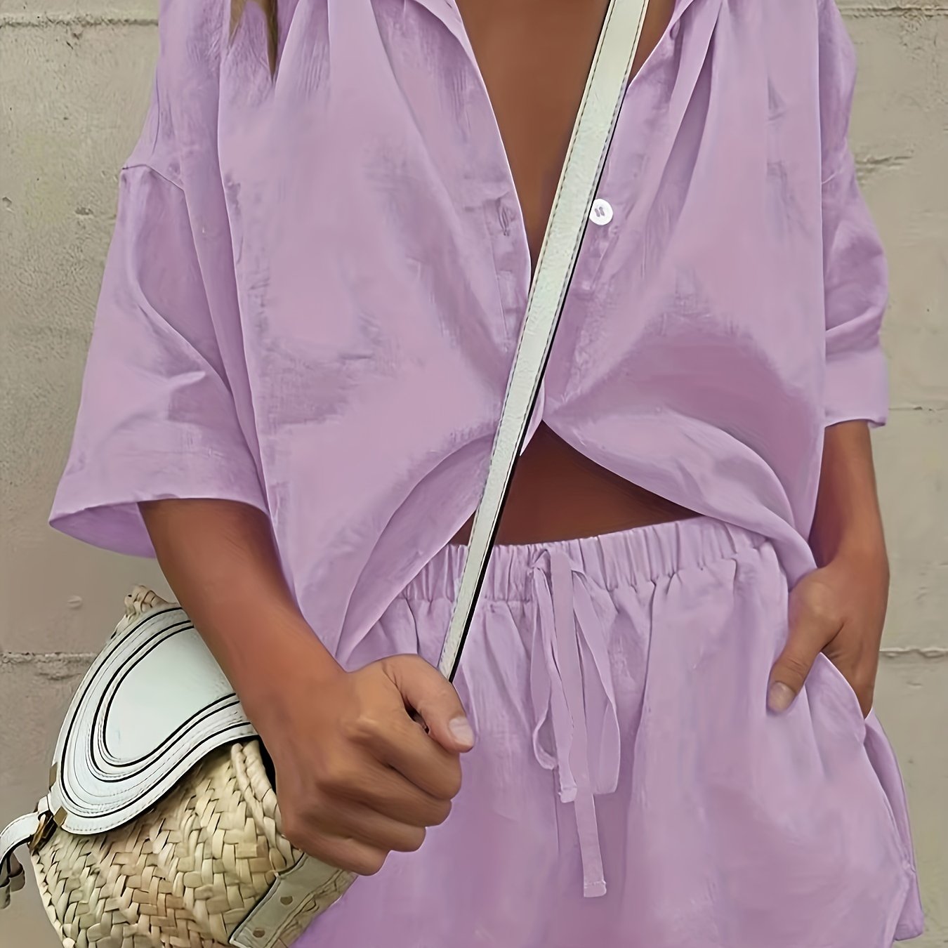 Casual Drop Shoulder Blouse & Drawstring Shorts Set for Women