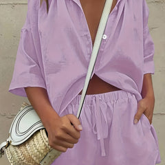 Casual Drop Shoulder Blouse & Drawstring Shorts Set for Women