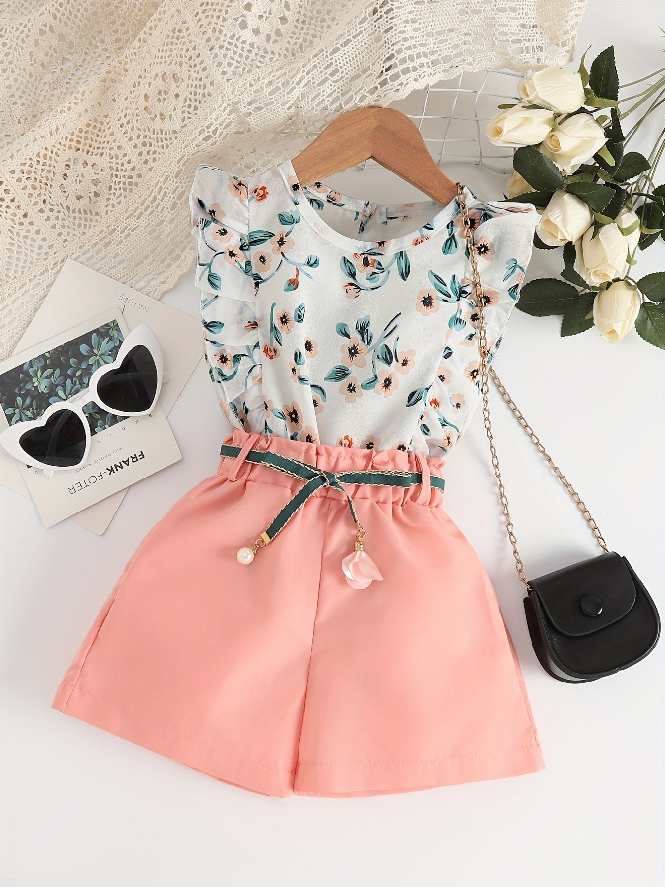 3pcs Girls Casual Lace Flying Sleeve Flower Top & Loose Shorts Summer Kids