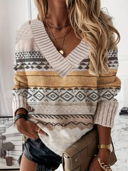 Geometric Pattern V Neck Knitted Top Long Sleeve Sweater