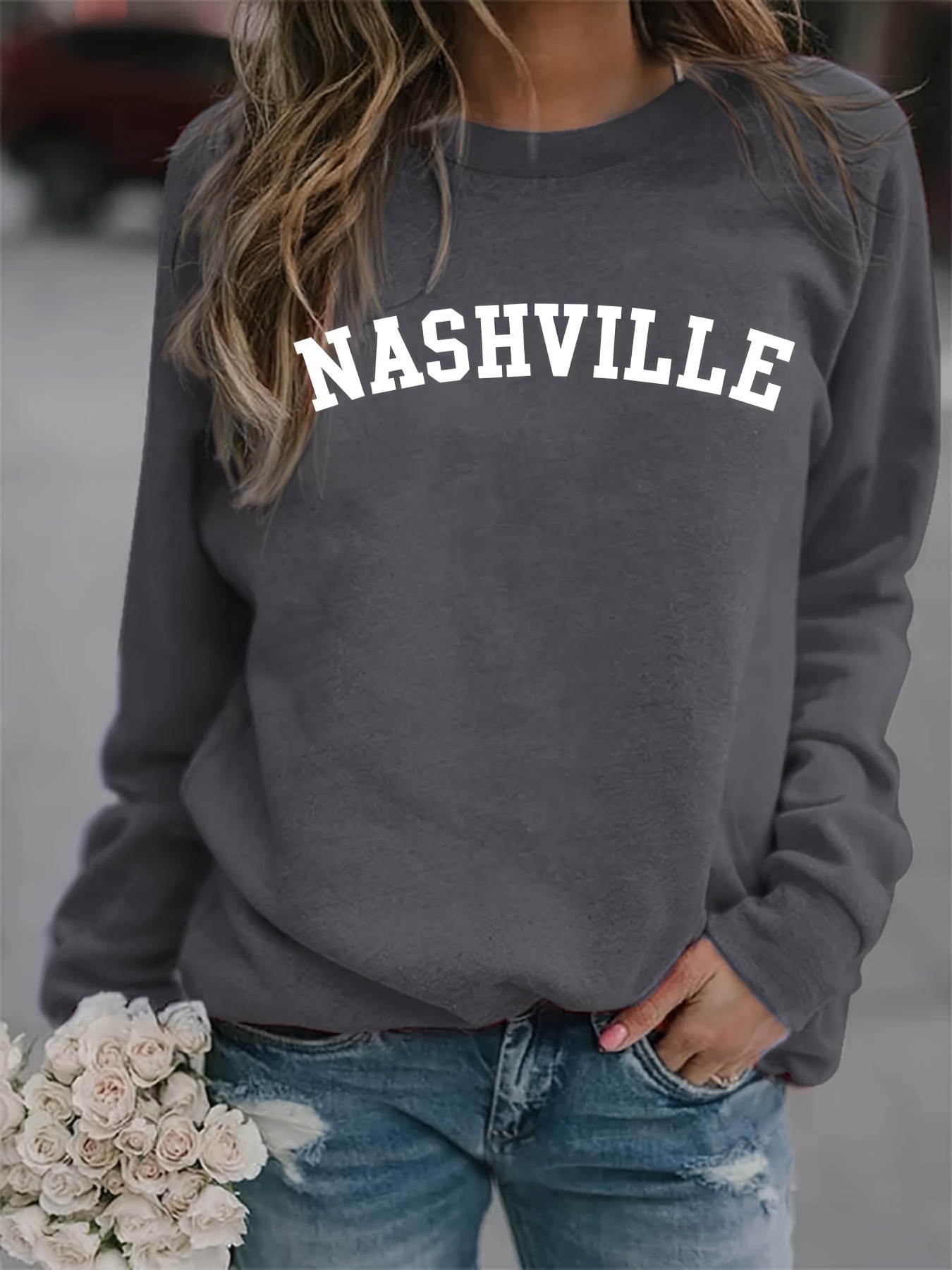 Nashville Print Loose Sweatshirt Crew Neck Women's Clothing