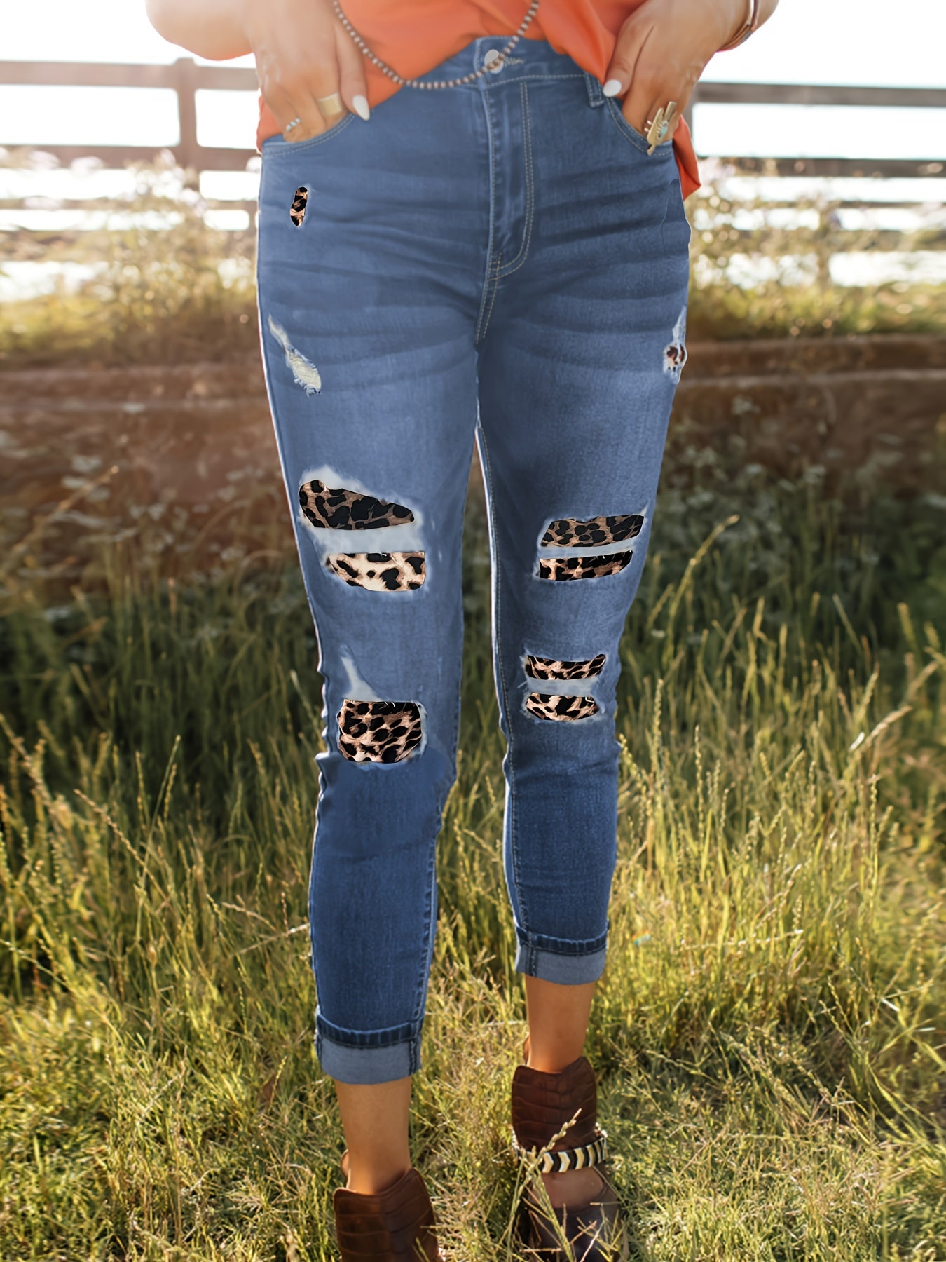 Leopard Patched Ripped Denim Pants