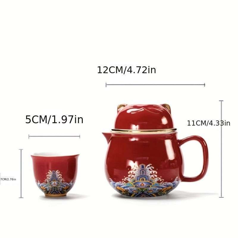 Portable Lucky Cat Tea Set with Teapot, Tea Strainer & 2 Teacups