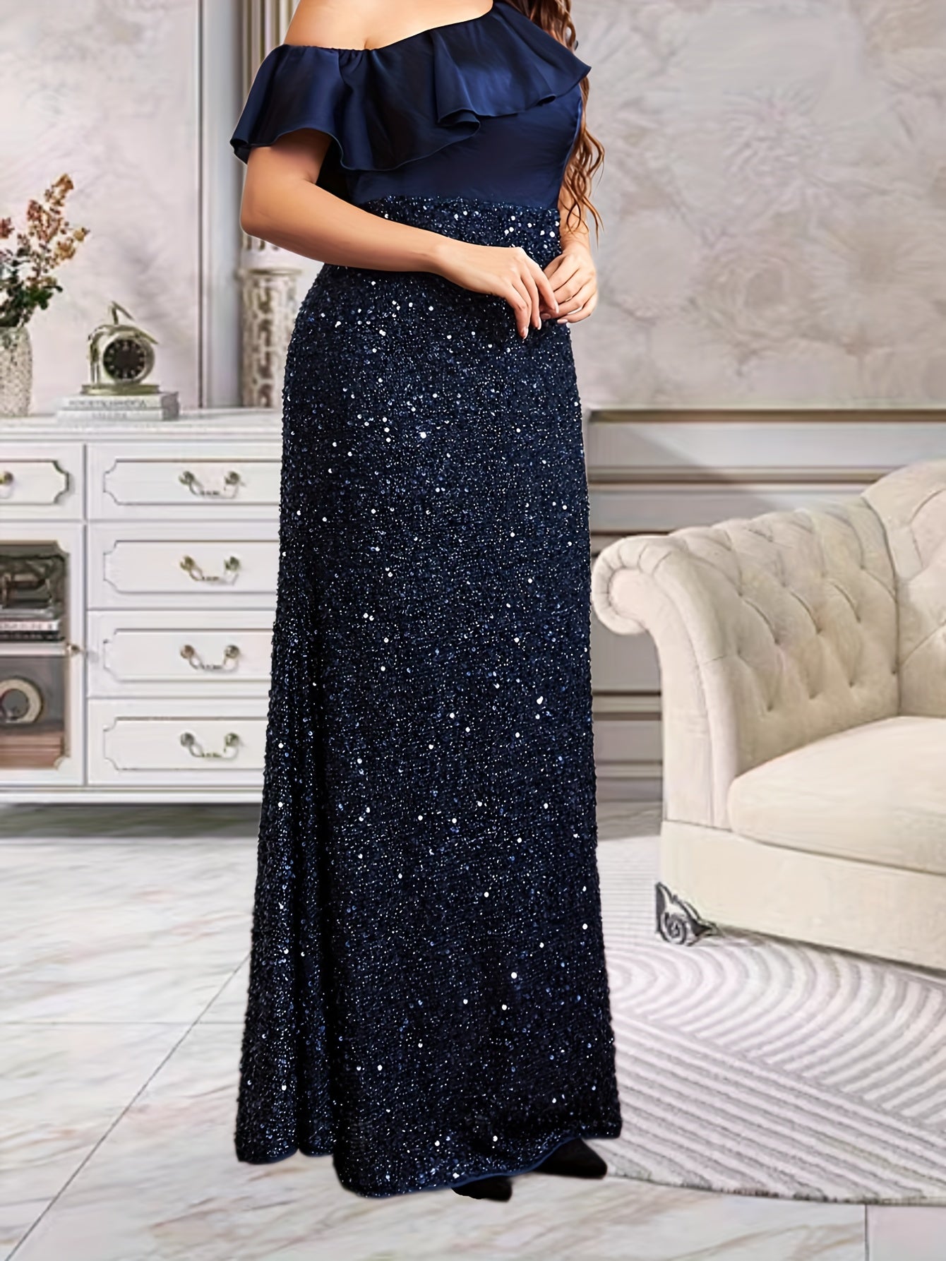 One Shoulder Ruffle Trim Maxi Formal Dress