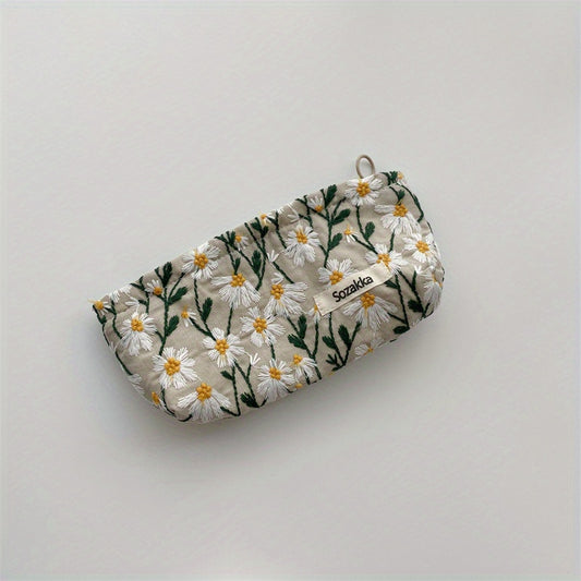 Daisy Embroidered Cosmetic Bag for Women - Roomy Toiletry Case