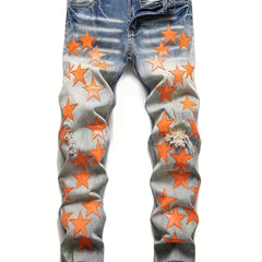 Men's Slim Fit Embroidered Star Ripped Jeans
