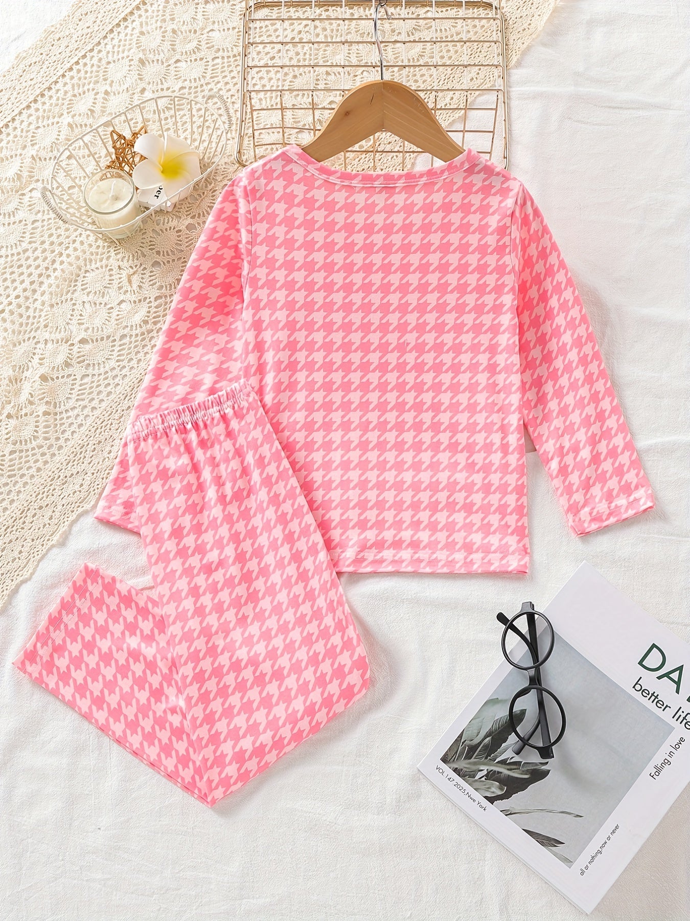 Kid's 2pcs Rabbit Houndstooth Pajama Set, Long Sleeve Top & Pants