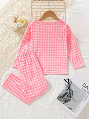 Kid's 2pcs Rabbit Houndstooth Pajama Set, Long Sleeve Top & Pants