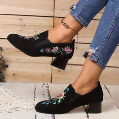 Floral Embroidered Slip On Chunky Heel Shoes
