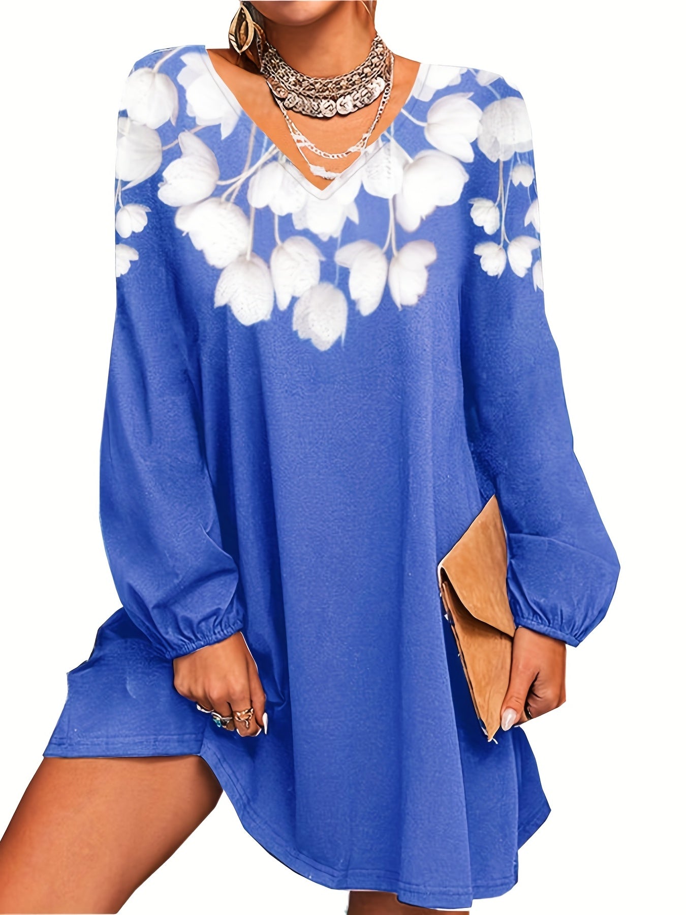 Floral V Neck Dress Long Sleeve Casual Summer