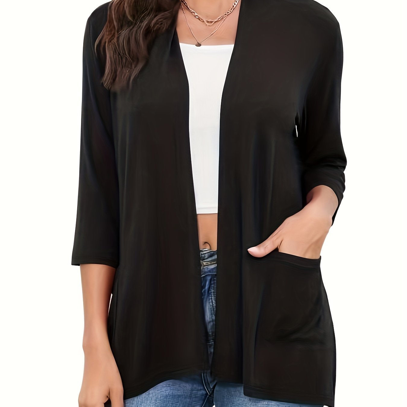 Casual Cardigan Women's Plus Solid Half Sleeve Open Front