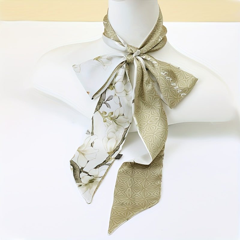 Lily Flower Pattern Neckerchief Long Ribbon Skinny Scarf