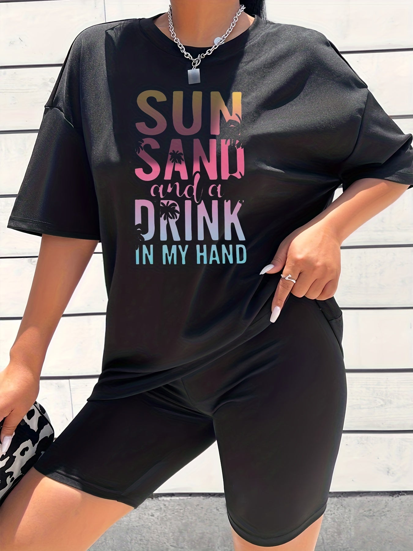 2pcs Summer Casual Sports Sets Coconut Tree Graphic T shirts & Shorts