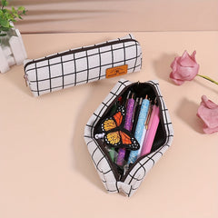 Checkerboard Plaid Canvas Pencil Case Daily Stationery Storage Portable Pen Bag