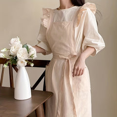 Ruffled Linen Apron X Back Pockets for Chefs Gardeners Cooks Bakers Florists