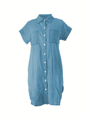 Solid Lapel Denim Dress Short Sleeves Single Breasted Button Denim Dress
