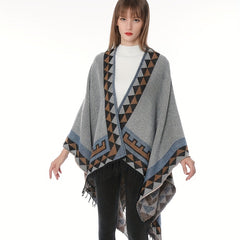 Boho Geometric Jacquard Shawl Tassel Wrap Windproof Cape