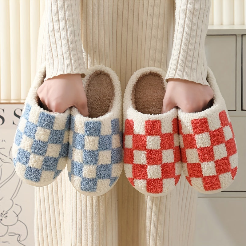 Checkered Plush Flat Slippers Warm & Cozy Indoor Shoes
