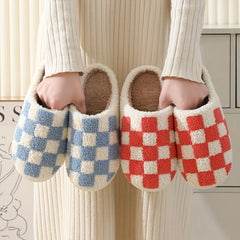 Checkered Plush Flat Slippers Warm & Cozy Indoor Shoes
